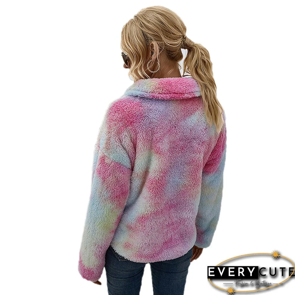 Multicolor Tie Dye Print Zip Neck Plush Sweatshirt