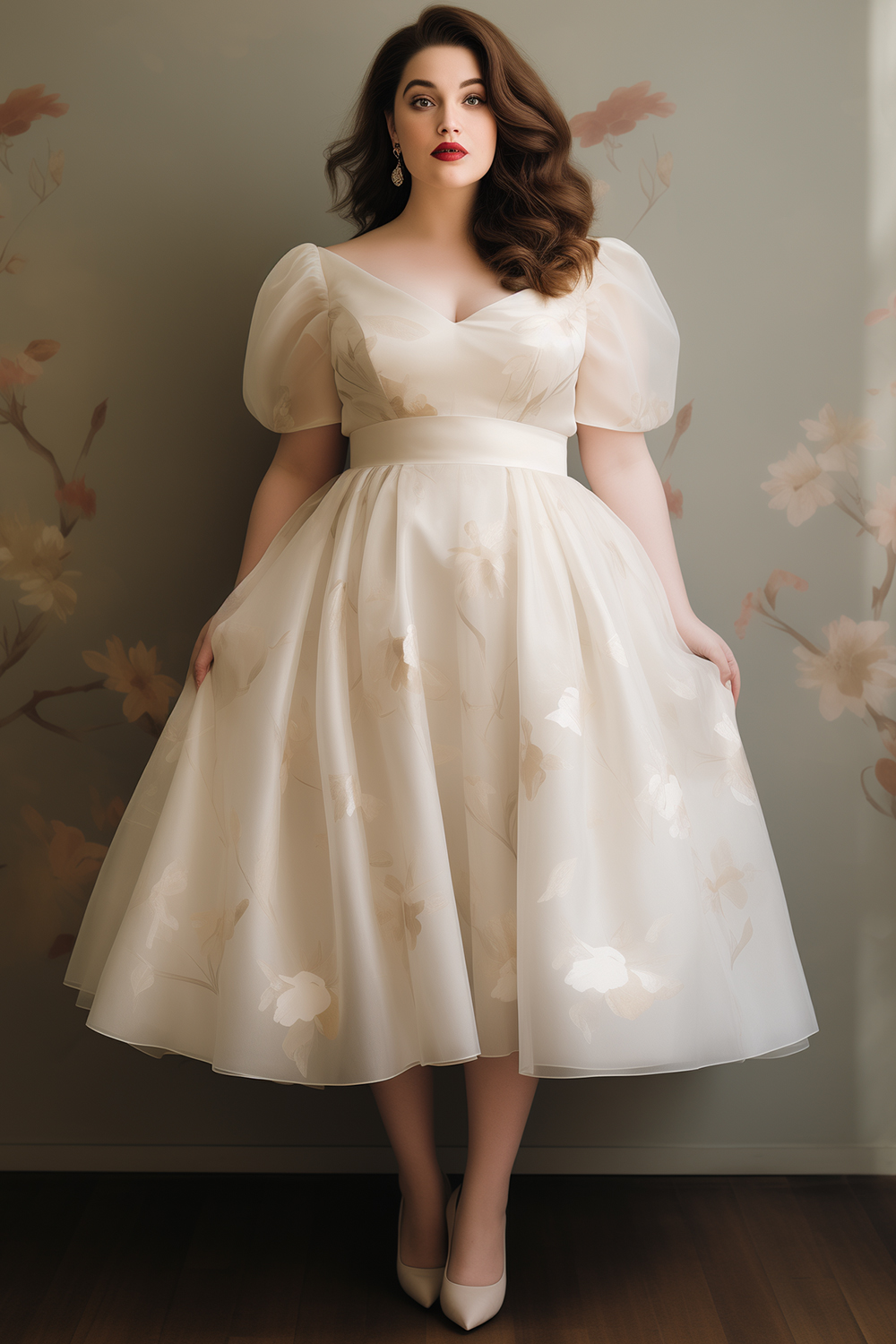 Flycurvy Plus Size Wedding Guest Light Apricot Organza Floral Print Empire Waist Puff Sleeve Tea-Length Dress