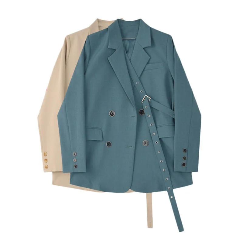 FTLZZ Spring New Arrival Office Ladies Vintage Solid Blue Khaki Blazer Women Elegant Double Breasted Loose Fashion Suit Jackets