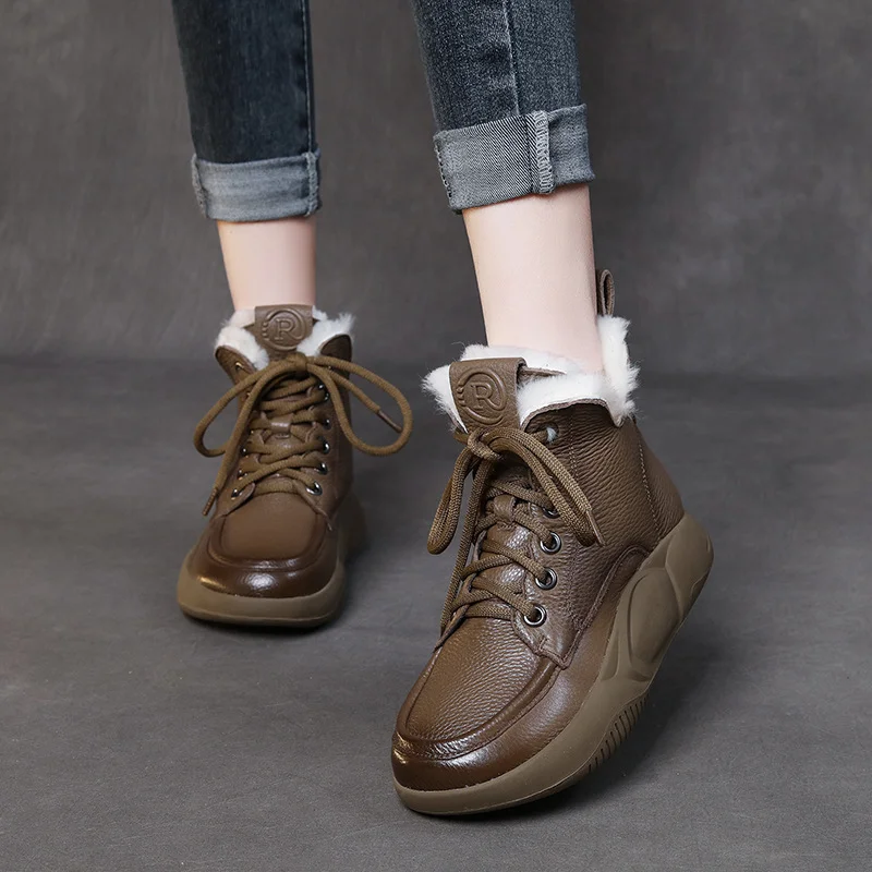 Yyvonne Leather Short Boots Women Winter Flat Bottom With Round Head Real Snow Boots Retro Martin Boots Retro Style