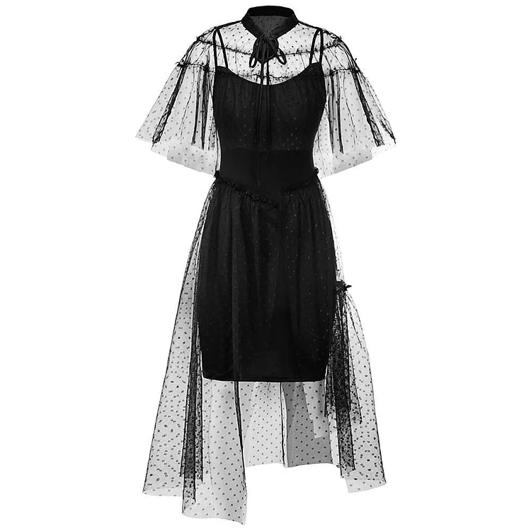 Black Gothic Vintage Elegant Mesh Cape Dress S13087
