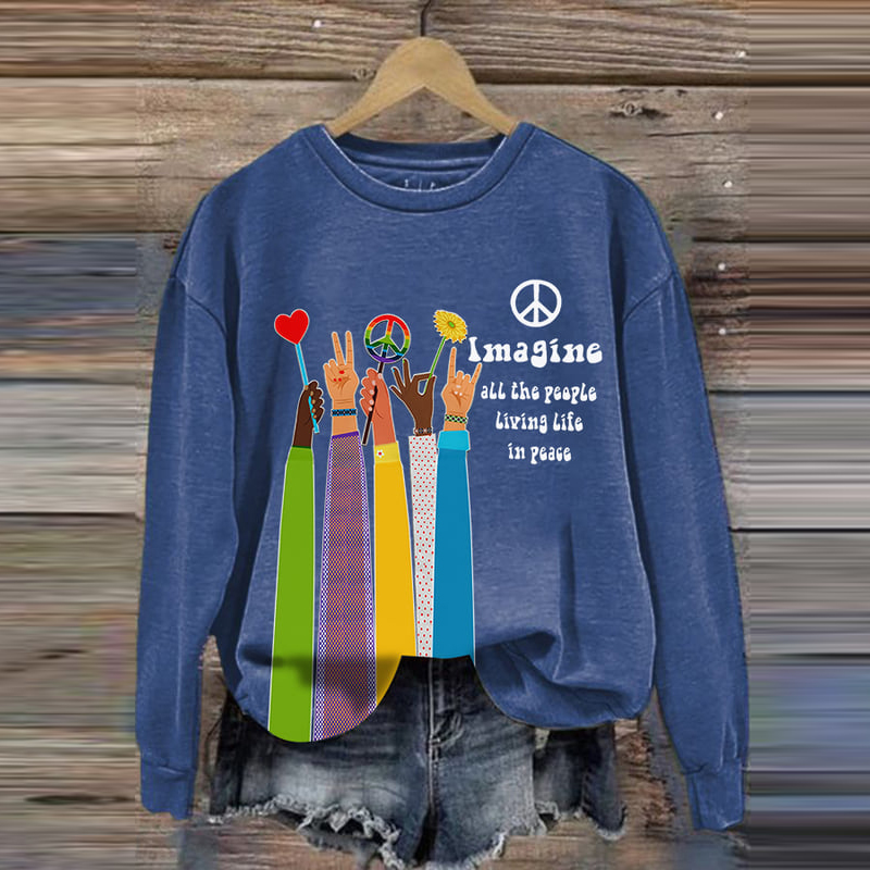 Comstylish Retro Hippie Imagine All The People Living Life In Peace Print Sweatshirt