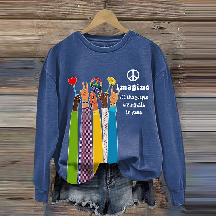 VChics Retro Hippie Imagine All The People Living Life In Peace Print Sweatshirt