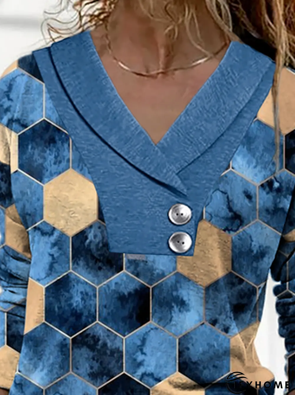 Women Geometric Casual Autumn V neck Jersey Best Sell Long sleeve Regular Regular Size Top | IFYHOME