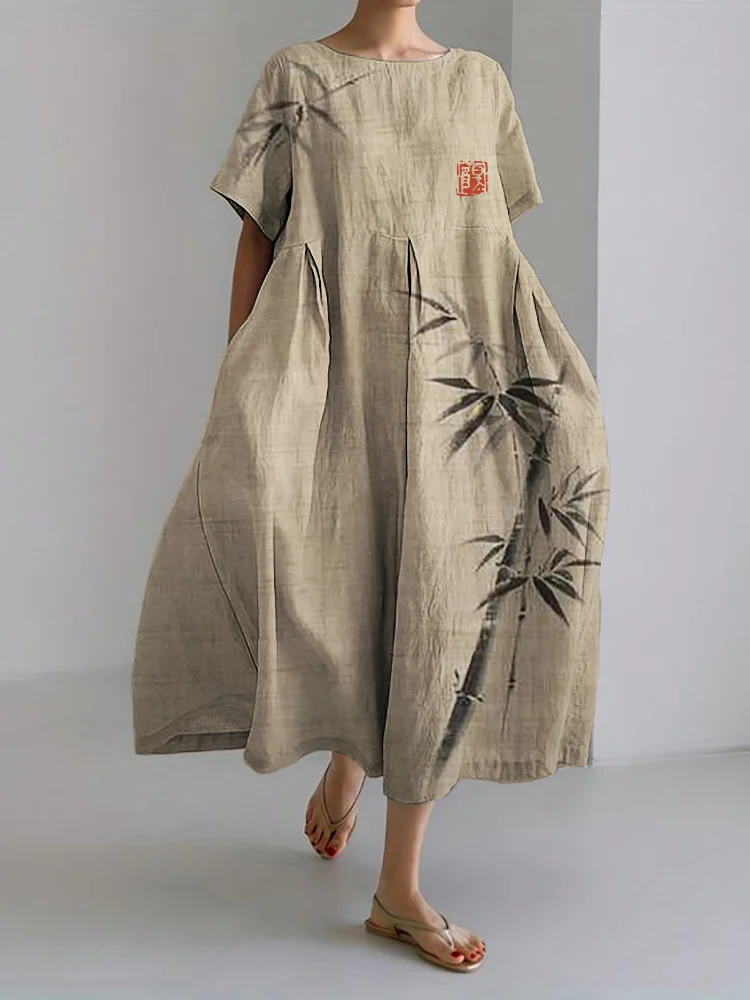 Simple Bamboo Japanese Art Linen Blend Maxi Dress