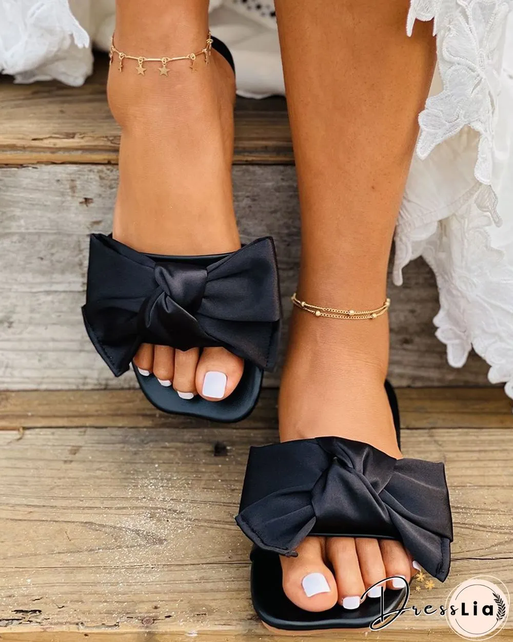Square Toe Bowknot Decor Slipper
