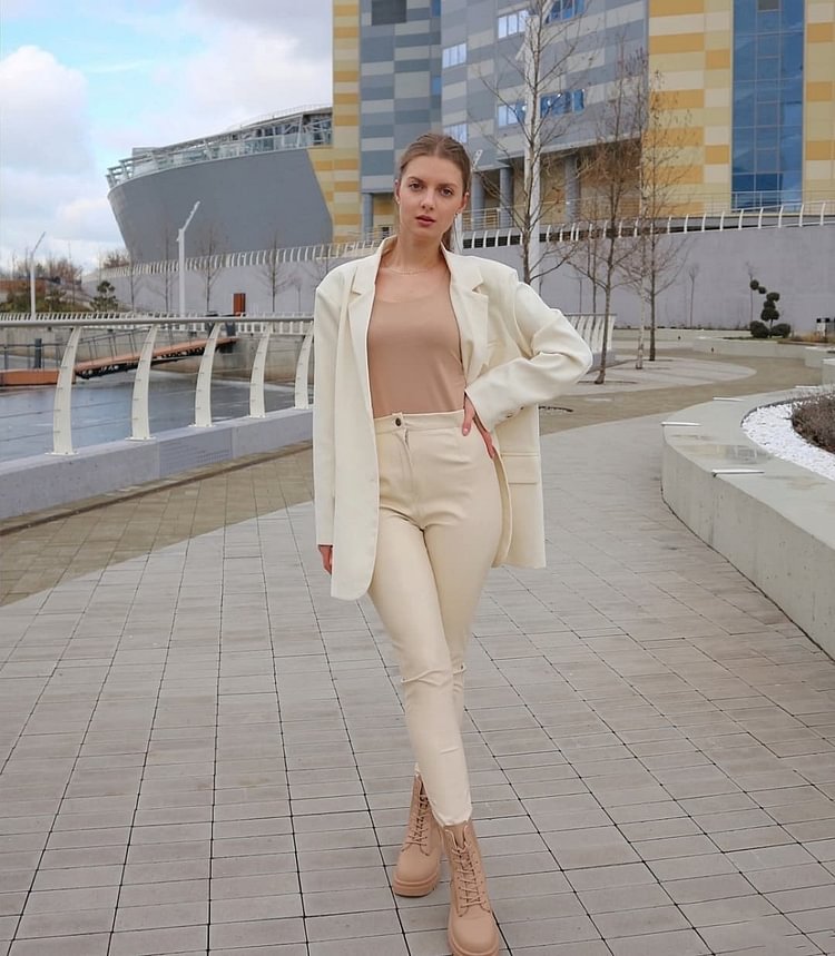 Cream Faux Leather Trousers- Alecia / 12