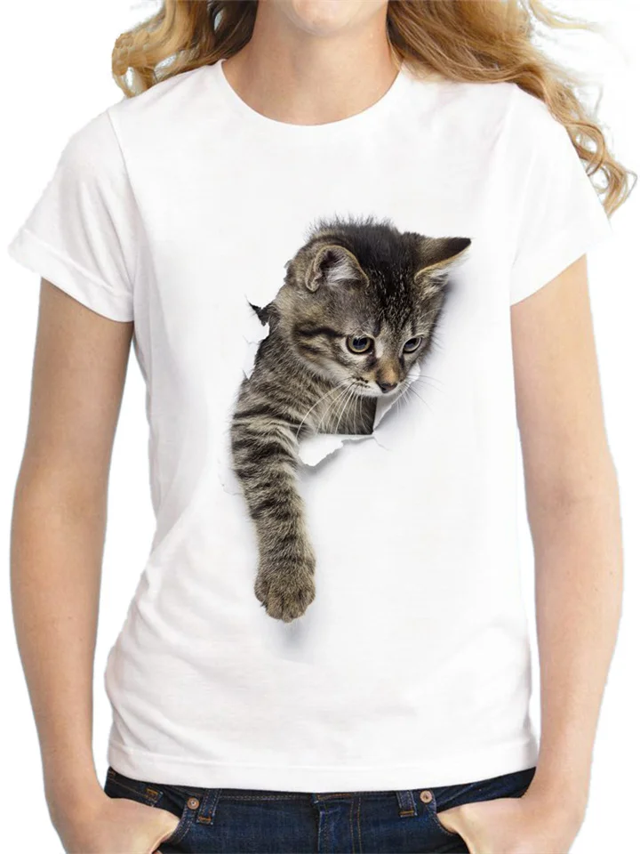 White T-shirt Cat Print Short Sleeve Loose Ladies Top S M L XL 2XL 3XL 4XL
