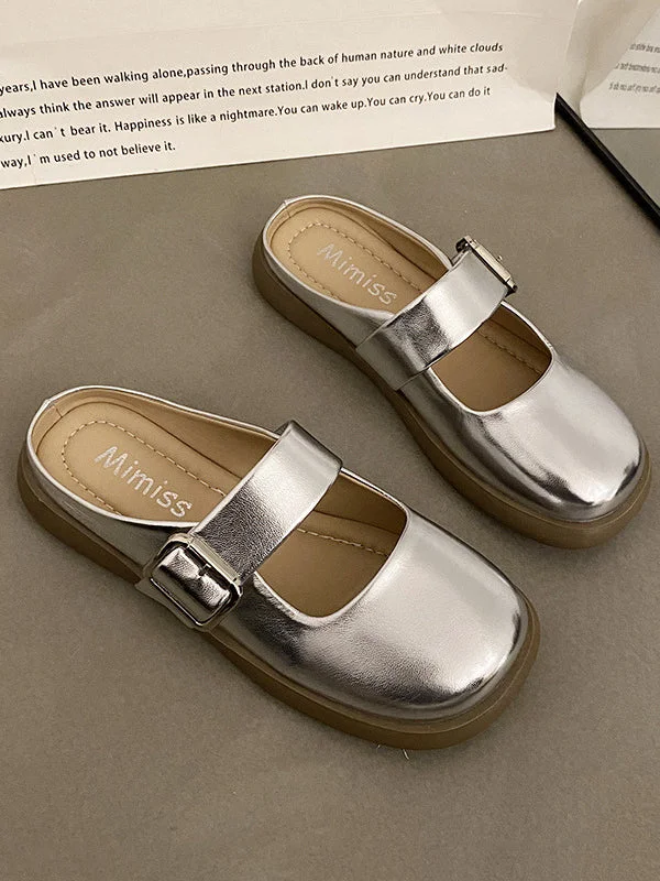 Belt Buckle Round-Toe Shallow Cut Split-Joint Platform Shoes Slippers&Mules