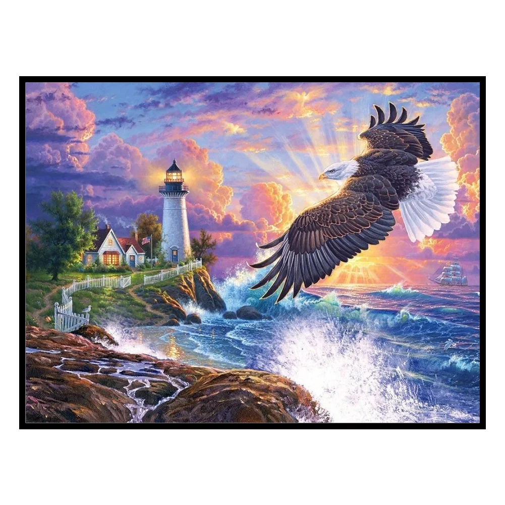 11CT Full Stamped Cross Stitch - Eagle and Lighthouse(Canvas|60*45CM)