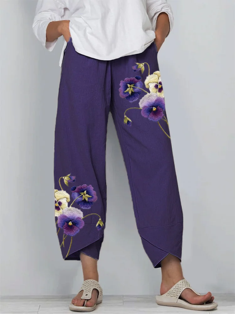 VChics Classy Pansy Flowers Embroidered Cropped Casual Pants