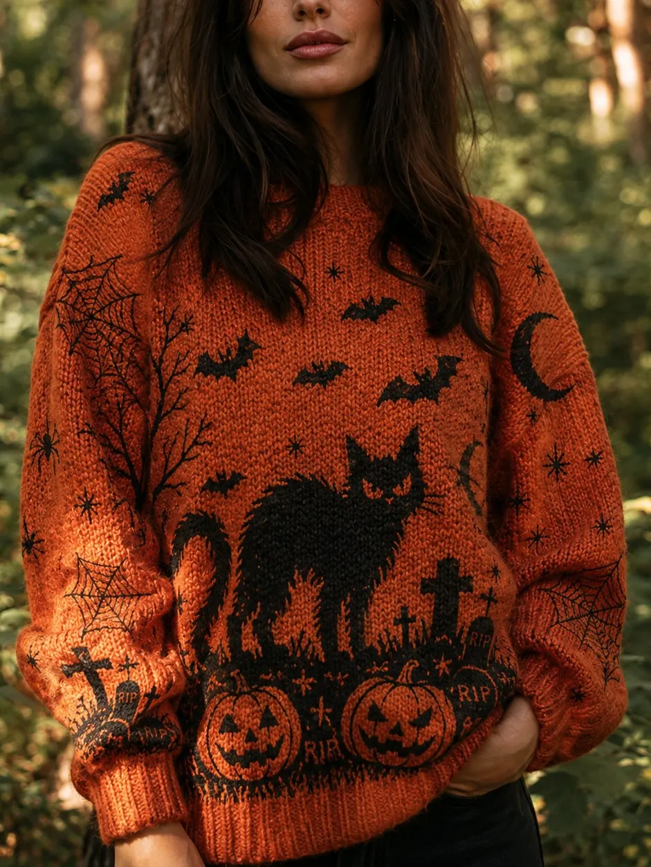 Comstylish Women's Retro Halloween Theme Cat And Bat Print Sweater