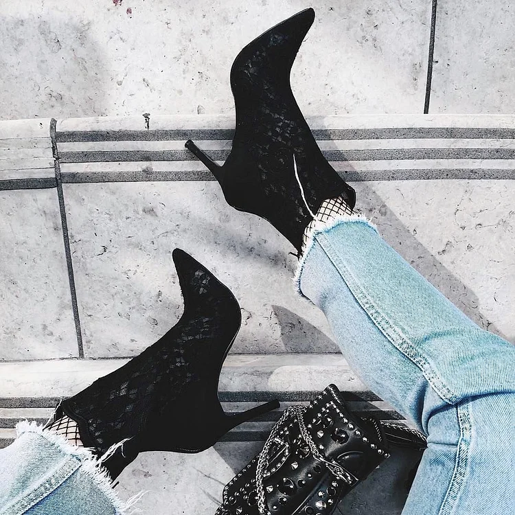 Black Lace Pointy Toe Stiletto Boots Sexy Ankle Booties |FSJ Shoes