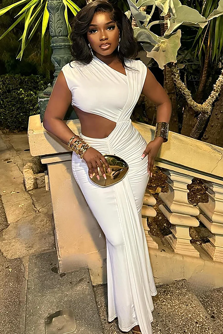Asymmetrical Neckline Cap Sleeve Cutout Ruched Bodycon Maxi Dresses-White