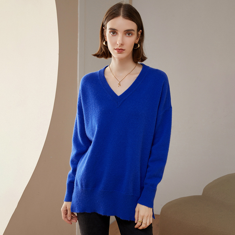 V Neck Soft Cashmere Sweater With Slit REAL SILK LIFE