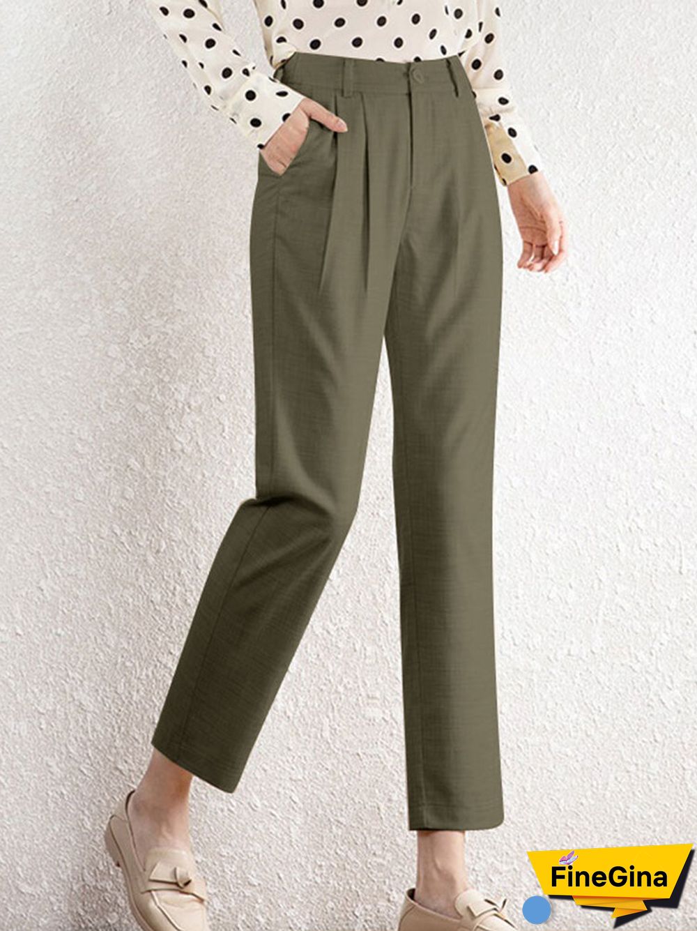 Solid Pocket Pleated Tailored Pants For Women