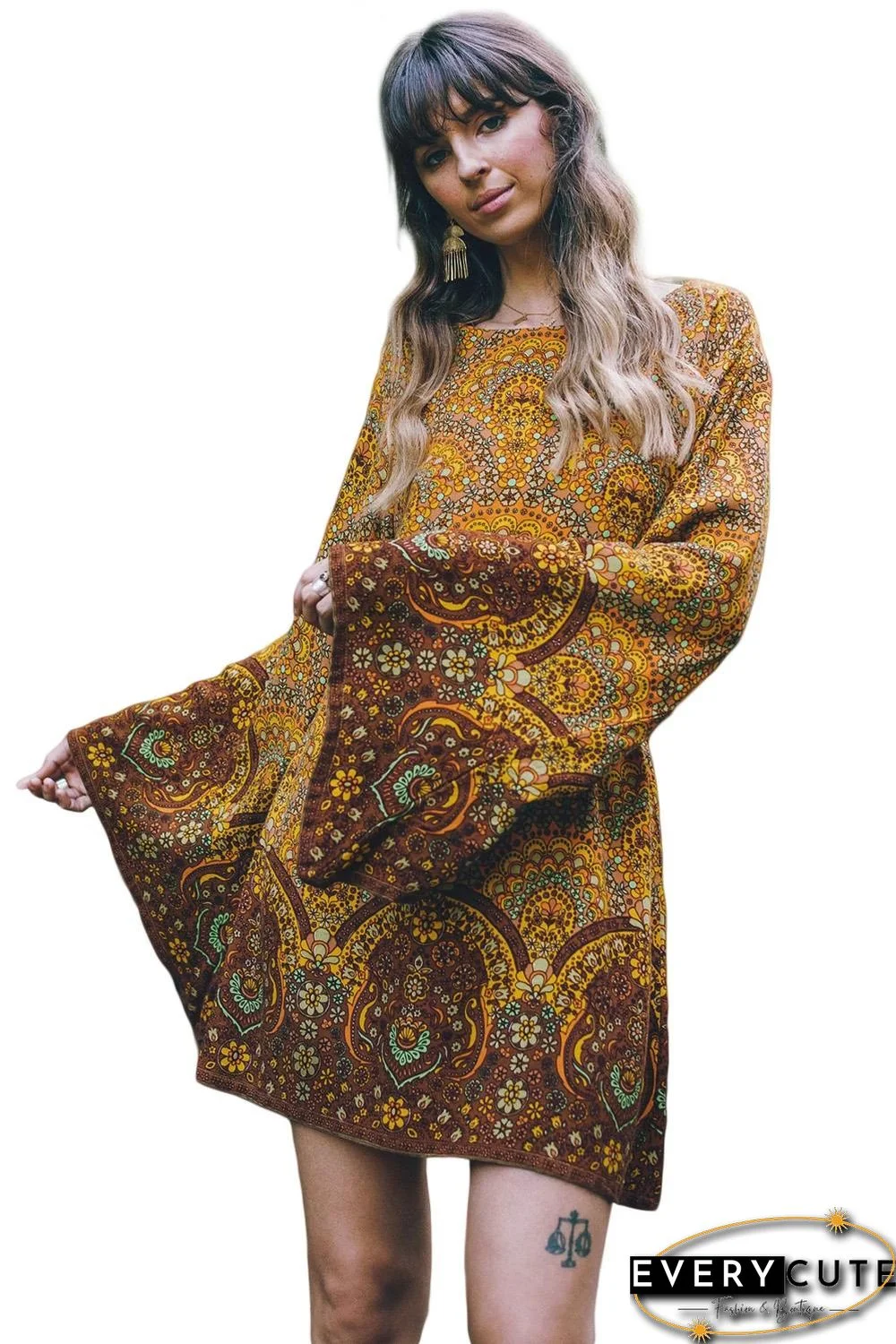 Yellow Starlight Bell Sleeve Shift Print Dress