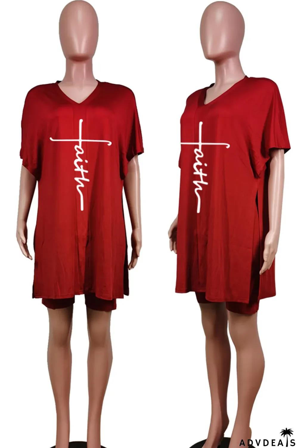 Tangerine Red Casual Print Split Joint V Neck Short Sleeve Two Pieces