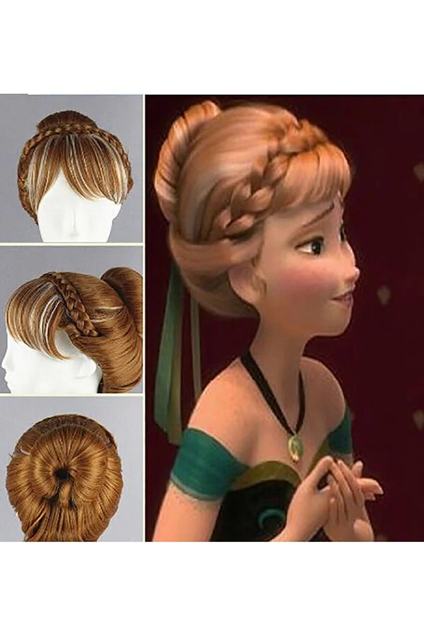 Fashion Frozen Anna Updo Wigs For Halloween Party Cosplay Brown-elleschic