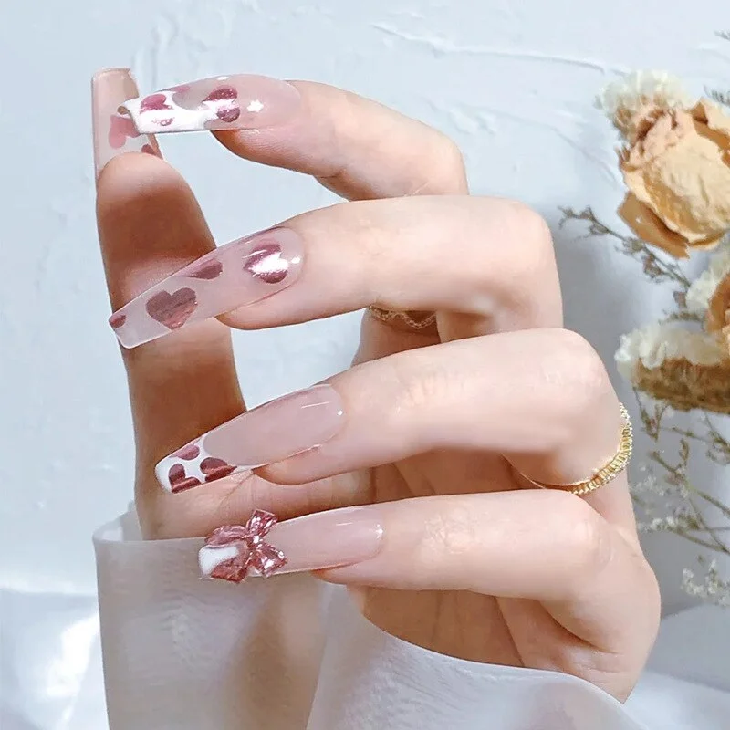 24PCS Love Heart False Nail Patch Sweet Style Women Removable MId Length Full Cover Manicure Tool False Nail Patch with Glue-Nail Inspo