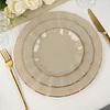 10 Pack | 11" Taupe Hard Plastic Dinner Plates with Gold Ruffled Rim, Large Heavy Duty Disposable Dinnerware