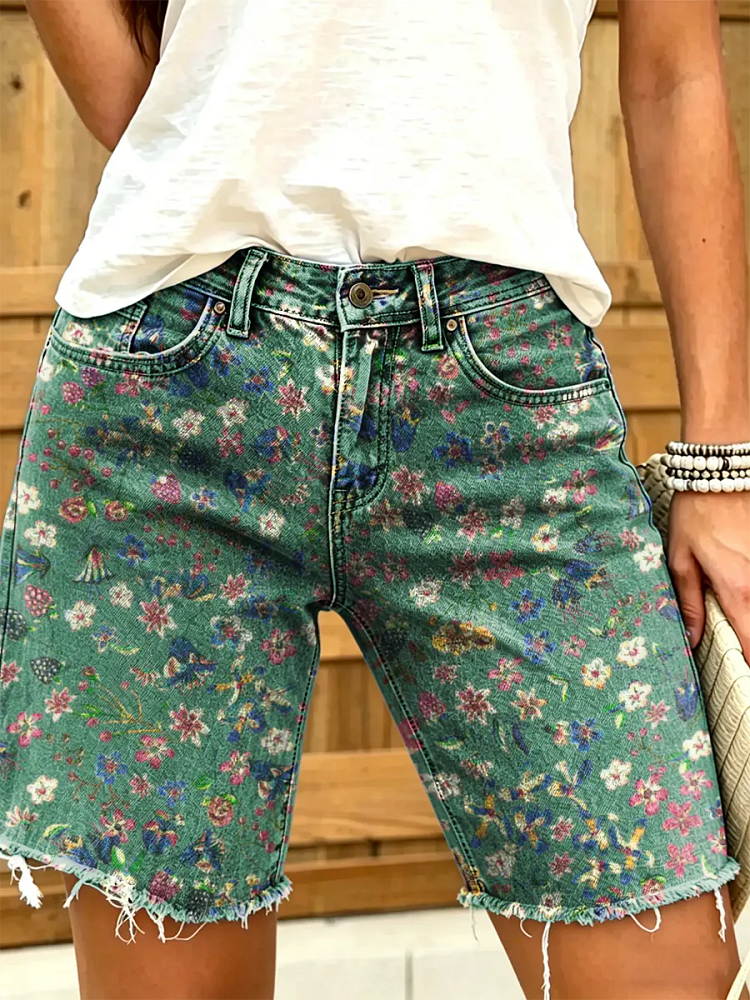 Ethnicity Vintage Flowers Women's Art Print Casual Denim Shorts