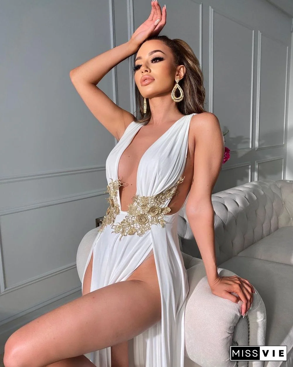 Best Quality Famous Brand Dress Solid Embroidery V-neck Sleeveless Summer Sexy Celebrity Party Maxi Dress Vestidos