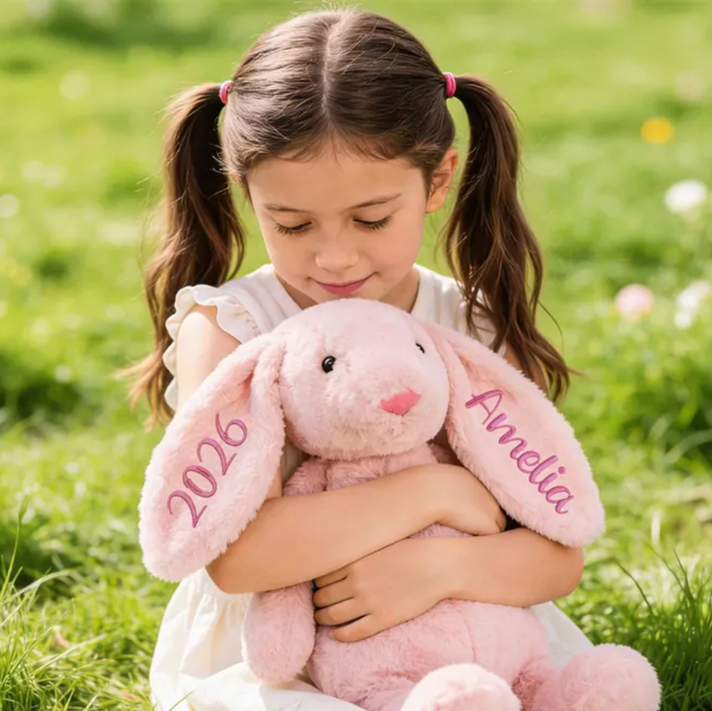 Custom Bunny Stuffed Animal, Embroidered Bunny Plush, Rabbit Plushie with Name, Cute Toys for Kids Babies Girls Boys, Emotional Support Gift, Meaningful Gift Basket Idea 
