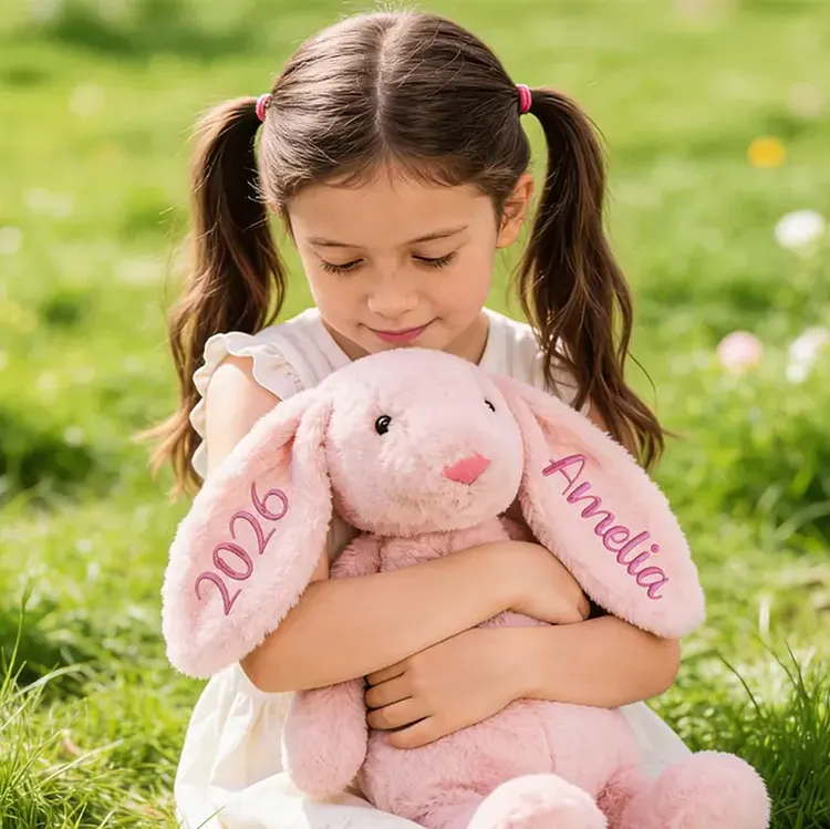 Custom Bunny Stuffed Animal, Embroidered Bunny Plush, Rabbit Plushie with Name, Cute Toys for Kids Babies Girls Boys, Emotional Support Gift, Meaningful Gift Basket Idea