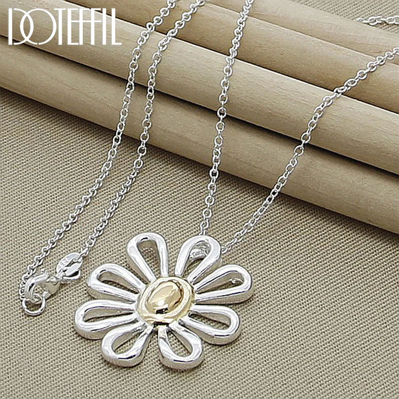 DOTEFFIL 925 Sterling Silver 18 Inch Chain Flower Pendant Necklace For Women Jewelry