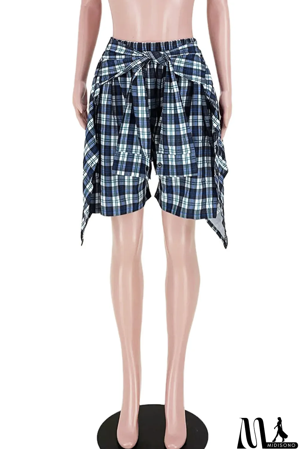 MidiSono - Turquoise Casual Street Plaid Print Bandage Split Joint High Waist Straight Full Print Bottoms