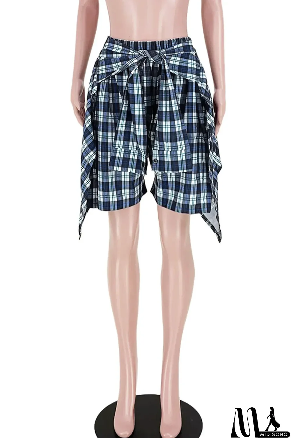 MidiSono - Turquoise Casual Street Plaid Print Bandage Split Joint High Waist Straight Full Print Bottoms