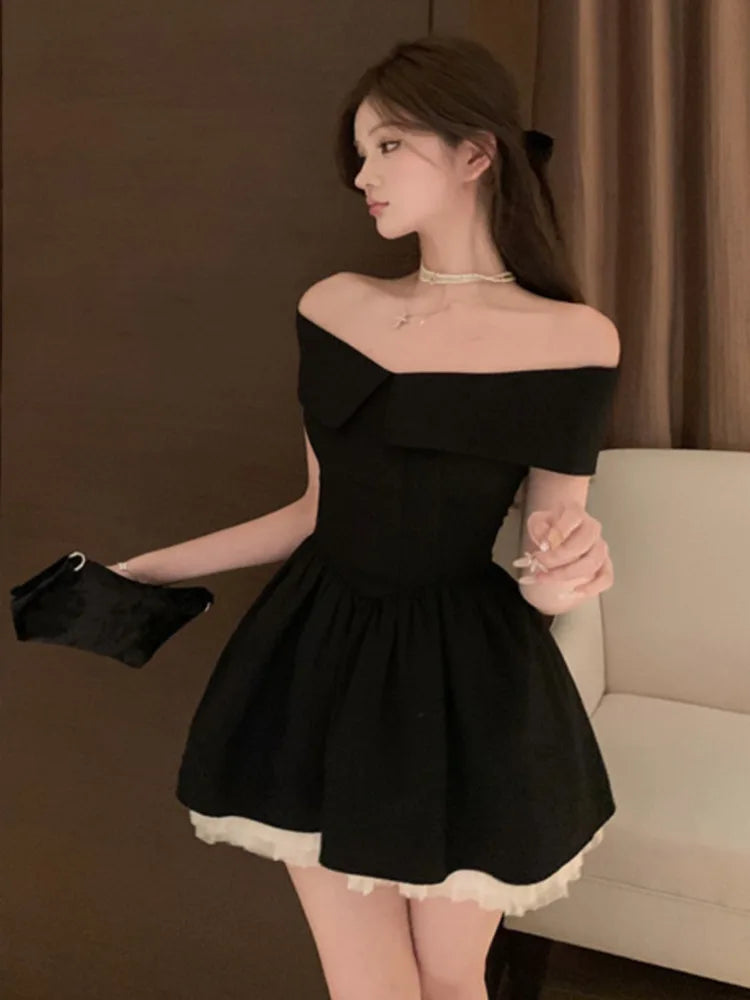 Aiertu DRESS TO IMPRESS French Hepburn Elegant Lady Mini Evening Party Dress Mesh Stitching A Line Summer Dresses For Women Off Shoulder Slim Sexy Dress aiertu