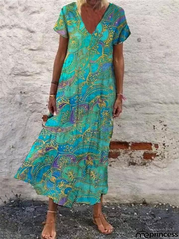Relaxed Fit V Neck Floral Printed Short Sleeve Pullover Dress