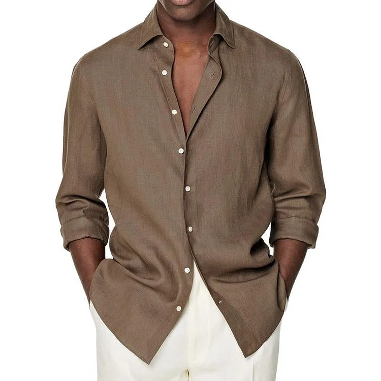Men's Solid Color Lapel Casual Long Sleeve Shirt