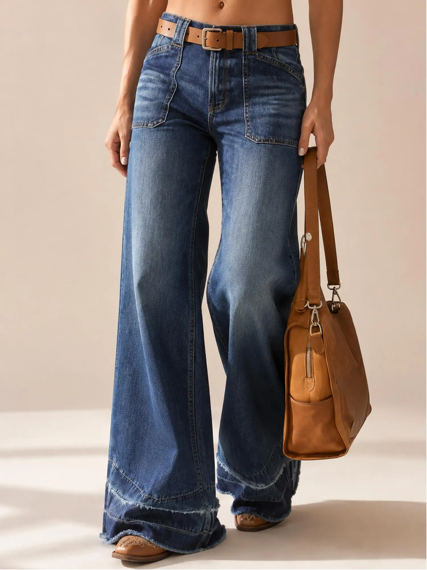 Great for Smart Casual Office and Weekends, Deep Indigo Blue,  Autumn Retro Front Patch Pockets Raw Hem, Premium Stretch Cotton, Women's Wide-Leg Flare Jeans