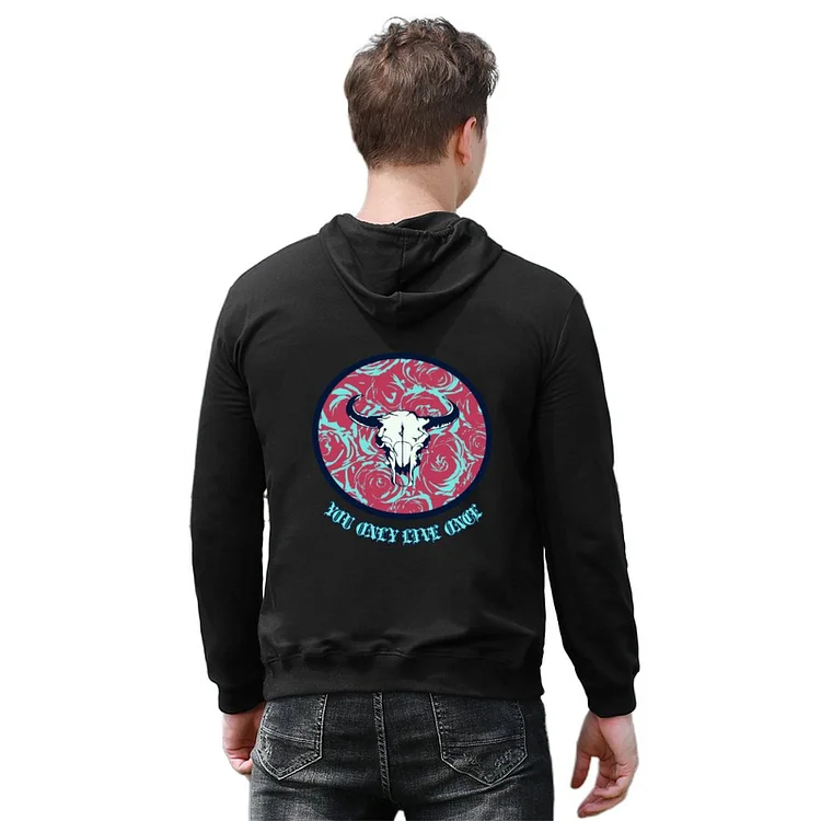 Men Hoodie Rose Pattern Cow Skull You Only Live Once  customized, personalized, gift