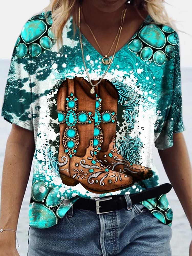 Cross Boot & Cowhide Turquoise Graphic V Neck T Shirt