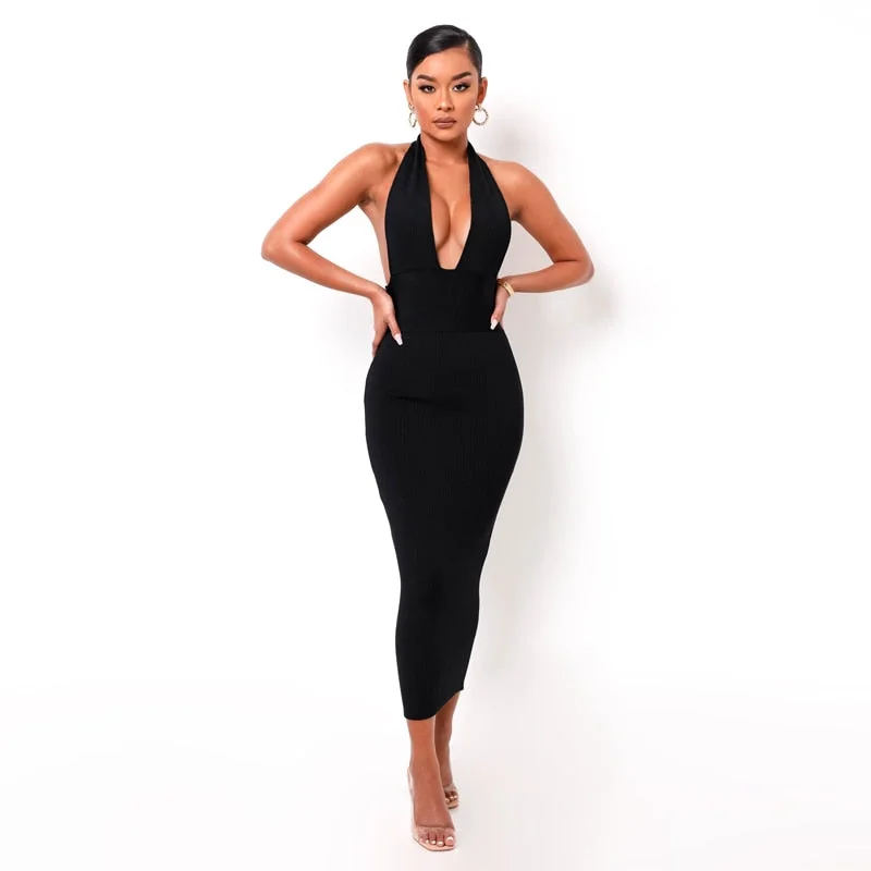 Dulzura Solid Ribbed Knitted Stripe Women Halter Midi Dress Backless Patchwork Bodycon Sexy Party Elegant Club 2021 Summer Club