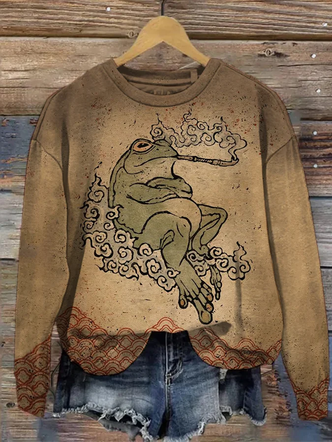 Women's Japanese Retro Smoking Frog Art Painting Casual Sweatshirt