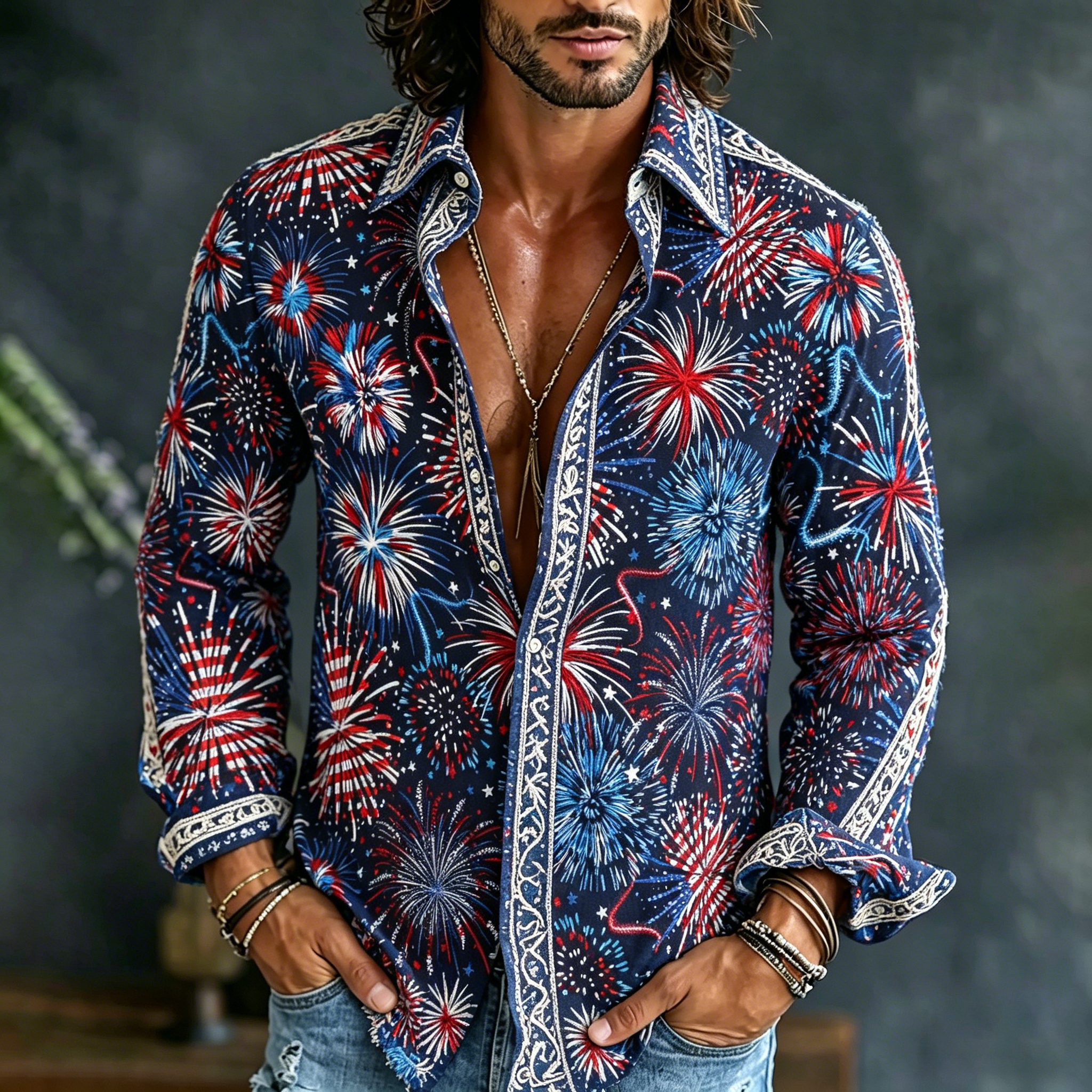  Men's Floral Flag Patriotic Fireworks Art Print Flowy Linen Blend Shirt Westsshops
