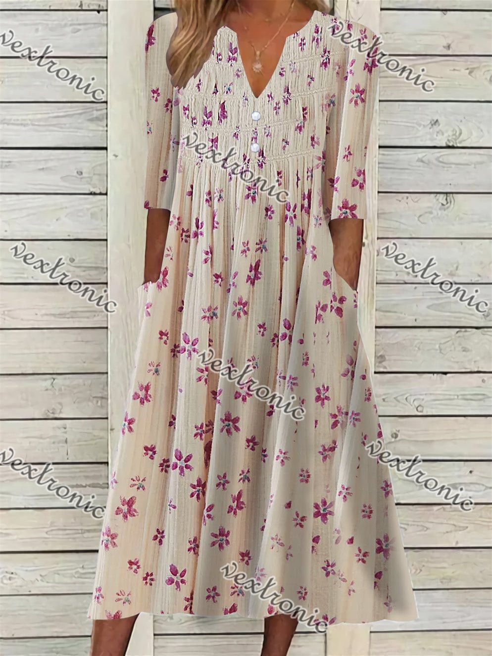 Women's Short Sleeve V-neck Pink Floral Printed Midi Dress