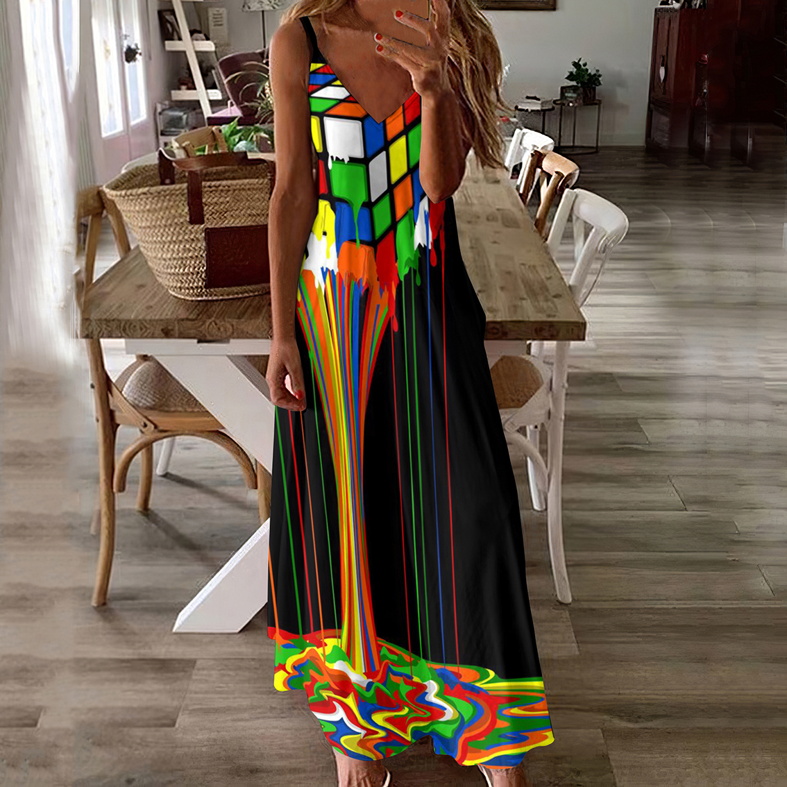 Rubik's Cube Print Casual Maxi Dress  artssus