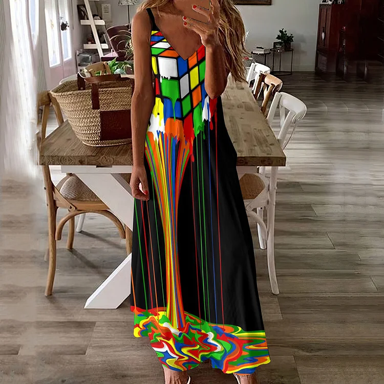 Rubik's Cube Print Casual Maxi Dress