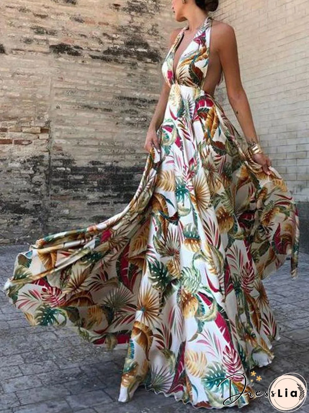 Plant Printed Backless Sexy Dress