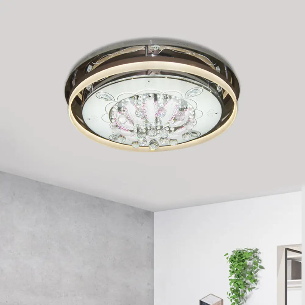 Modern Drum Led Flush Ceiling Light With Clear Crystal Draping - 23.5&rsquo;/31.5&rsquo; Wide Stainless -