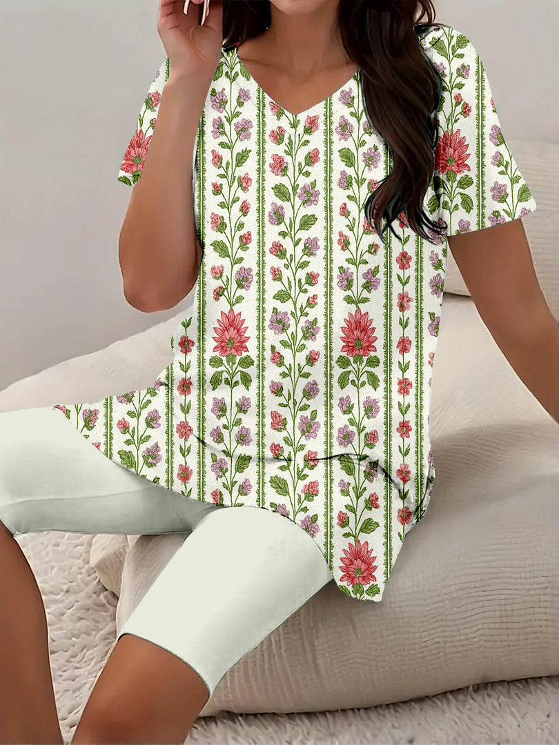 Women Long Sleeve V-neck Graphic Floral Printed Top