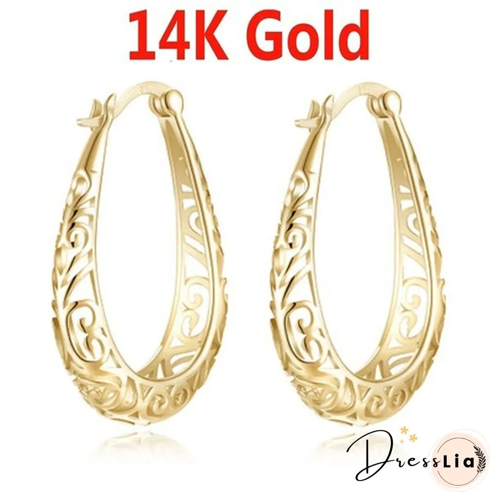 Luxury 14K Solid Gold Dangle Hollow Earrings Hoop Stud Party Wedding Engagement Earring