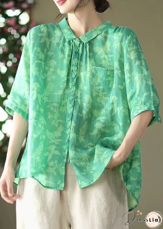 Plus Size Green Peter Pan Collar Patchwork Linen Blouses Summer