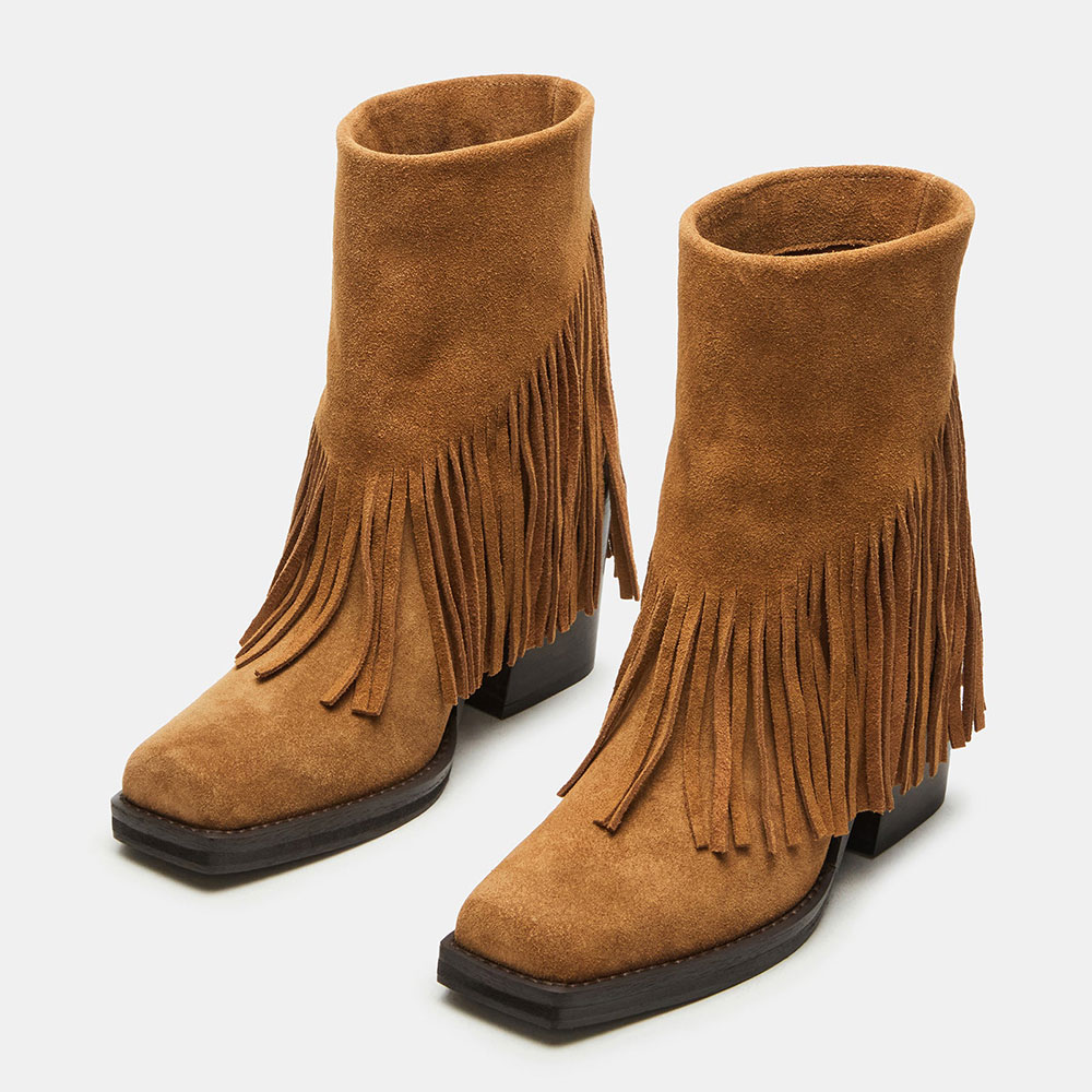 Brown Fringe Square Toe Chunky Heel Pull-On Booties for Women Nicepairs